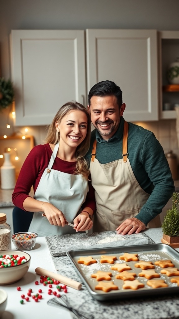 A couple baking Christmas cookies in a cozy kitchen, surrounded by festive decorations and cookie trays.